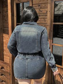 Rivivi 大码女式无弹力牛仔连衣裙，韩版复古学院风长袖牛仔连衣裙，新款秋季初季高端收腰牛仔连体裤 - 中等水洗藍 - 查看 2