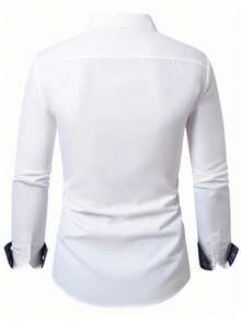 Manfinity Mode 男士休闲商务通勤印花拼接长袖衬衫白色正装衬衫设计师衬衫正装衬衫时尚衬衫商务休闲衬衫，秋季，老钱风格 - 白色 - 查看 2