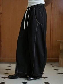 TOKVUE Men Casual Contrast Stitching Drawstring Waist Wide Leg Pants, Fall - Black - View 4