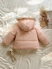 SHEIN Vintaside Kids Girls' Winter Warm Thermal Lined Hooded Parka With Faux Fur Trim, Fashionable And Practical Outdoor Jacket To Keep Young Girl Warm And Stylish During Winter Adventures Fall - Pink - View 2