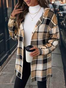 SHEIN Clasi Women's Elegant Plaid Print Flannel Hooded Long Sleeve Jacket Autumn Winter Clothes For Women