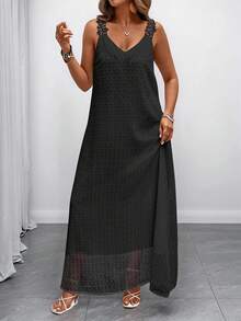 EMERY ROSE Plus Size Women's Vacation Lace Trim Solid Color French Style Dress - Black - View 3