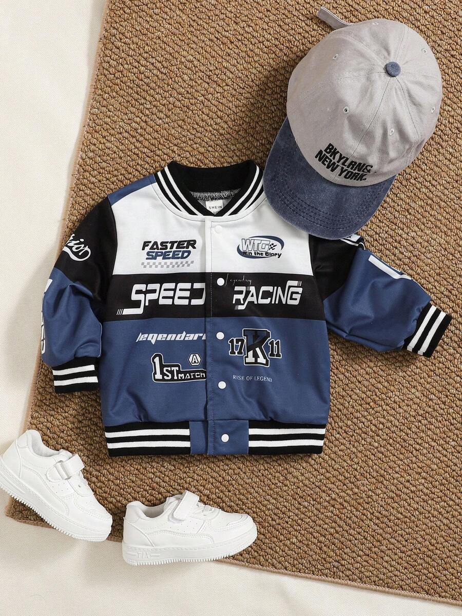 SHEIN Baby Boys' Motorcycle Jacket, Colorblock Letter Print Stand Collar Moto Jacket, Suitable For Autumn/Winter Outings - Blue - View 1