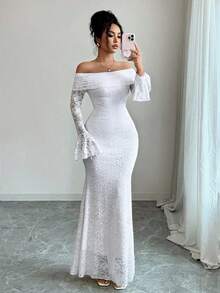 Rafferiza 优雅时尚年轻简约百搭修身露肩喇叭袖美人鱼中长连衣裙，适合秋季女士 - 白色 - 查看 3