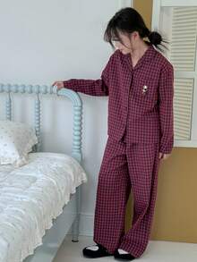 Hapijoa Conjunto de pijama de pantalón y manga larga con bordado de cuadros para niñas preadolescentes, otoño - Rojo violeta - Ver 7