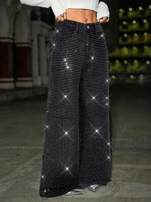 SHEIN ICON 女士前扣口袋极简休闲低腰镶钻Y2K闪亮亮片宽松牛仔裤音乐会 - 黑色 - 查看 6
