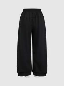 Sweetra Women's Casual Loose Elastic Waist Faux Placket Relaxed Fit Wide Leg Sweatpants, Suitable For Commuting, Travel, Work, Spring/Autumn - Black - View 2