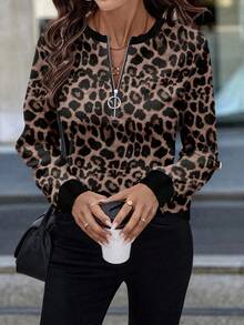 EMERY ROSE Women's Casual Retro Half-Zip Front Crew Neck Sweatshirt In Fall/Winter,Cheetah Print Top,Leopard Print Top - Multicolor - View 4