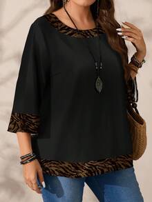 EMERY ROSE Áo sơ mi cổ tròn tay 3/4 họa tiết da báo và ngựa vằn cỡ lớn dành cho nữ, phù hợp cho Halloween, Giáng sinh - màu đen - Xem 3