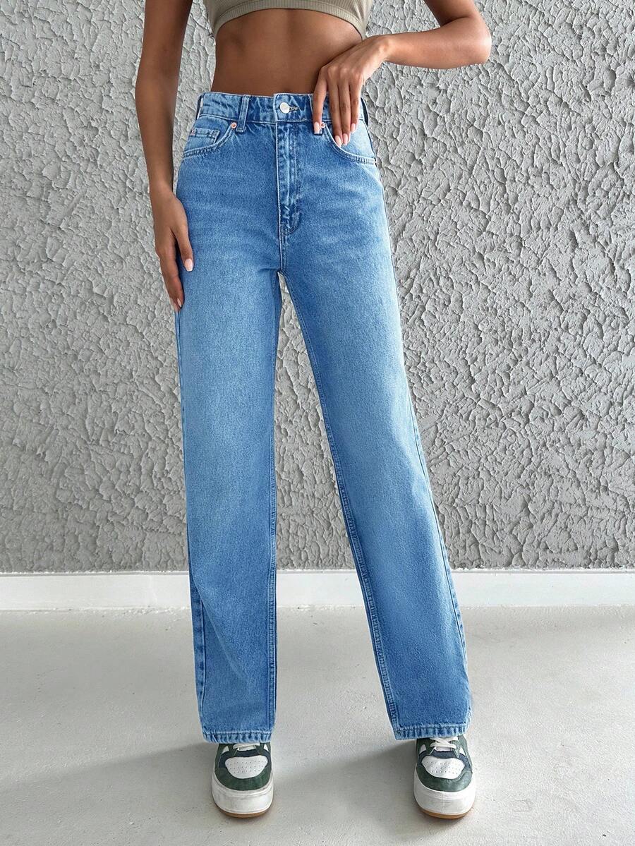 SHEIN Cottnline Women's Casual Versatile Washed Straight-Leg Jeans - Blue - View 1