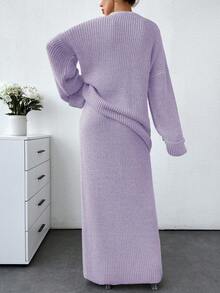 SHEIN Bộ áo len và chân váy len dáng rộng màu trơn dành cho nữ - Màu Lilac Tím - Xem 3