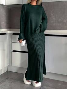 EURMUSE Casual Crew Neck Drop Shoulder Loose Oversize Fit Cozy Sweater & Maxi Pleated A Shape Skirt For Women Daily Smart Casual Knit Set For Women - Dark Green - View 1
