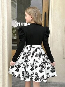 SHEIN Tween Girls' Casual Everyday Knit Ribbed Patchwork Floral Bowknot Long Sleeve Dress, Suitable For Outings, Vacations, And Daily Activities Fall Winter - Black - View 7