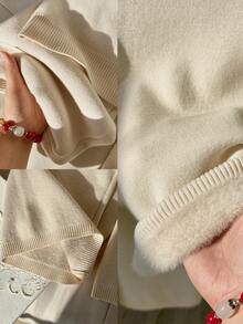 Franclia 2 件套：宽松纯色圆领休闲羊毛运动衫上衣配松紧腰裤 - 杏色 - 查看 8