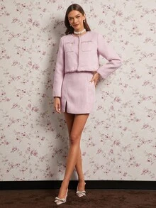 Enchnt Damen elegante Pendler Kontrast Saum Knopfleiste Boxy Jacke - Pink - Übersicht 4