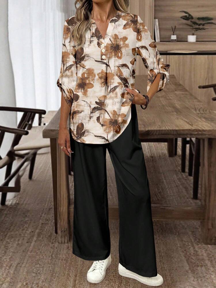 2pcs Women Floral Print Notched Collar Roll Up Sleeve Shirt And Pants Set
