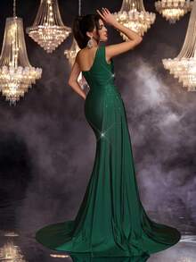 Glamrae Đầm dạ hội trang trọng thanh lịch, sang trọng, chất liệu vải thun co giãn, cổ bất đối xứng, tay đơn, eo khoét sâu, viền đuôi cá, đính sequin nổi, dành cho nữ - xanh quân đội - Xem 4