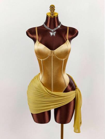 Amplova Y2K Amplova Elegant Dresses For Women Gold Christmas Sequin New Year Thanksgiving Bra Cup Details Satin And Mesh Stitching Mesh Wrap Women's Ruched Side Knot Sexy Spaghetti Strap Mini Dress