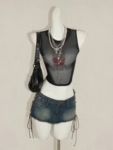 SHEIN ICON Women's Y2k Black Rhinestone Decor Sheer Sleeveless Crew Neck Camisole Top - Black - View 5