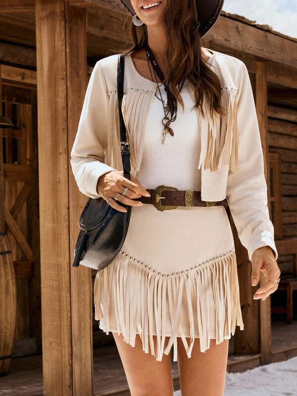 LanaWest Women's Western Bohemian Style Apricot Suede Fabric Round Neck Cardigan Long Sleeve Niche Design Beaded & Fringed Short Jacket, Unique V-Shaped Embroidered Ruffled Elastic Waist Mini Skirt, Teacher Outfit, Halloween Vibe, Autumn New 2-Piece Set