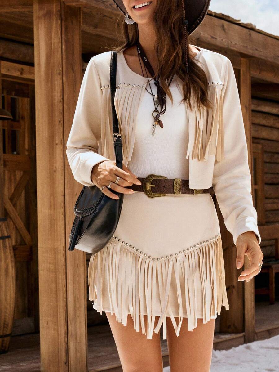 LanaWest 女式西部波西米亚风格杏色绒面革圆领开衫长袖小众设计串珠流苏短夹克，独特 V 形刺绣荷叶边松紧腰迷你裙，教师装，万圣节氛围，秋季新款两件套 - 杏色 - 查看 1