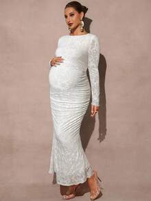 MaterniChic Elegant Textured Ruched Fishtail Hem Maternity Dress, Autumn - White - View 6