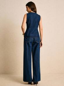 Women Denim Two-Piece Outfits - Dark Washed Blue - View 2