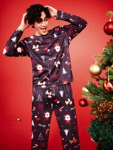 Notgurli Conjunto de pijama de talla grande para hombres con elementos navideños - Negro - Ver 7