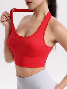 SHEIN Sports 女款極簡純色挖肩式運動內衣，無縫設計 - 紅色 - 查看 5