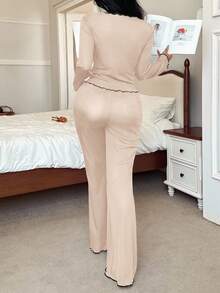 SHEIN 女式黑白撞色修身长袖上衣和裤子睡衣套装，秋冬秋季服装，舒适装 - 杏色 - 查看 2