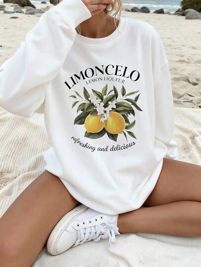 Glissea Women's Letter & Lemon Print Round Neck Drop Shoulder Long Sleeve Casual Loose Sweatshirt