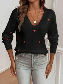 EMERY ROSE Heart Pattern Dropped Shoulder Sweater, Casual For Autumn/Winter - Black - View 6