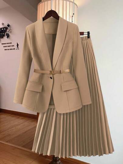 SHEIN Tall CURVE 大码女式高腰长袖西装外套和百褶中长裙两件套