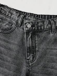 Tween Girl Y2K Streetwear Asymmetrical Waist Loose Fit Grey Washed Denim Baggy Straight Leg Jeans Wide Leg Grey Pants,Winter Jeans,Graduation,Autumn Fall Winter,Back To School Homecoming,High-Waisted Long Wide Leg Denim Jeans,Streetwear Style,Winter Pants, Wide Leg Jeans, Baggy Street Jeans, Baggy Jeans For Y2k, Grey Baggy Jeans - Grey - View 7