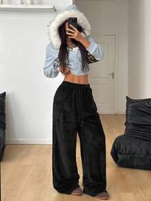 Coolane 女式秋季街头时尚休闲复古灯芯绒纹理长裤 - 黑色 - 查看 5