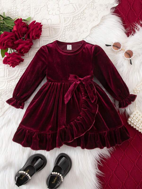 Babygirl Burgundy Cute & Elegant Velvet Knit Ruffle Hem Dress