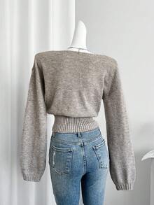EMERY ROSE Women's Casual Button Decor Waist Fitted Sweater, Autumn - Grey - View 2