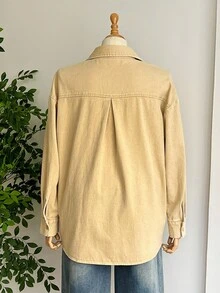 SHEIN LUNE 大码女式优雅休闲秋季宽松度假长袖衬衫，前开襟纽扣设计，可机洗，仿牛仔效果，水洗做旧风格，西部牛仔风，乡村音乐节圣诞节 - 卡其色 - 查看 2