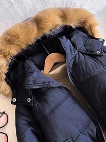 青少年女孩纯色加厚腰部拉链连帽衫，带毛领，防尘，时尚街头风格，适合户外活动和日常穿着，冬季长袖棉夹克，Y2K 酷 - 藏蓝色 - 查看 3