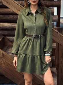 LanaWest Women's Western Bohemian Style Military Green Lapel Single-Breasted Half-Placket Loose Long Sleeve Niche Design Layered Hem Casual Vacation Mini Shirt Dress - Army Green - View 6