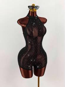 Y2K Amplova Christmas New Year Thanksgiving Party Black Elegant Women's Rhinestone Studded Bodysuit, Backless Sexy Halter Neck, Suitable For Party, Autumn/Winter, Christmas Party Bodysuit Romper Mesh Bodysuit Rhinestone Bodysuit - Black - View 1