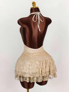 Amplova 女式杏色蕾丝迷你连衣裙，性感波西米亚风，Y2K 风格，适合居家、外出、秋冬派对 - 杏色 - 查看 1