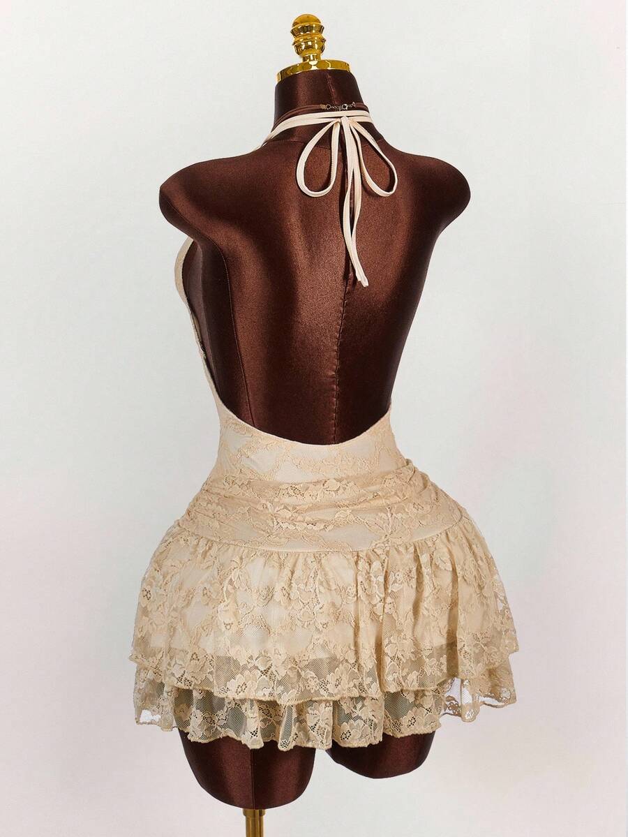 Amplova 女式杏色蕾丝迷你连衣裙，性感波西米亚风，Y2K 风格，适合居家、外出、秋冬派对 - 杏色 - 查看 1