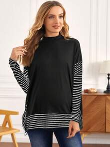 MaterniWear Maglietta casual a righe con colletto alla coreana, fessura sul fondo, adatta per donne in gravidanza, autunno/inverno