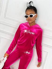 2pcs/Set Sweatshirt Nyaman Motif Glitter Rhinestone Beludru untuk Remaja Perempuan, Pakaian Musim Gugur Hangat Serbaguna untuk Remaja Perempuan di Musim Gugur dan Musim Dingin - Hot Pink - View 6