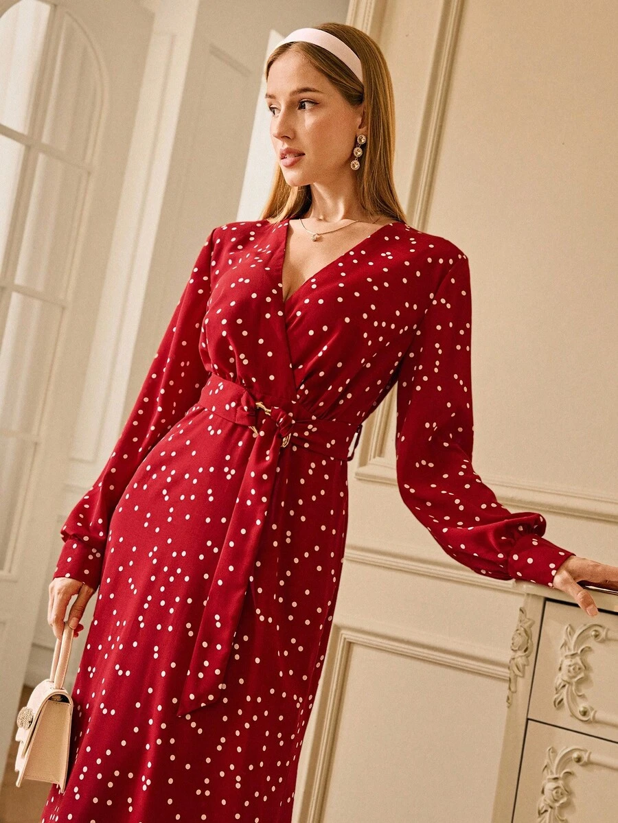 Chiquease Textured Fabric Wrap V-Neck Cinched Waist Waist Decor Long Sleeve Mermaid Dress For Women - Red - View 1