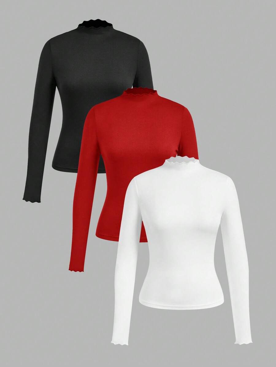 SHEIN EZwear 3 pièces/set T-shirts à manches longues ajustés de style minimaliste décontracté en noir, rouge et blanc, pour l'automne/hiver - Multicolore - Voir 1