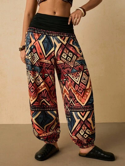 SHEIN VCAY Plus Size Vintage Geometric Print Harem Pants, Autumn