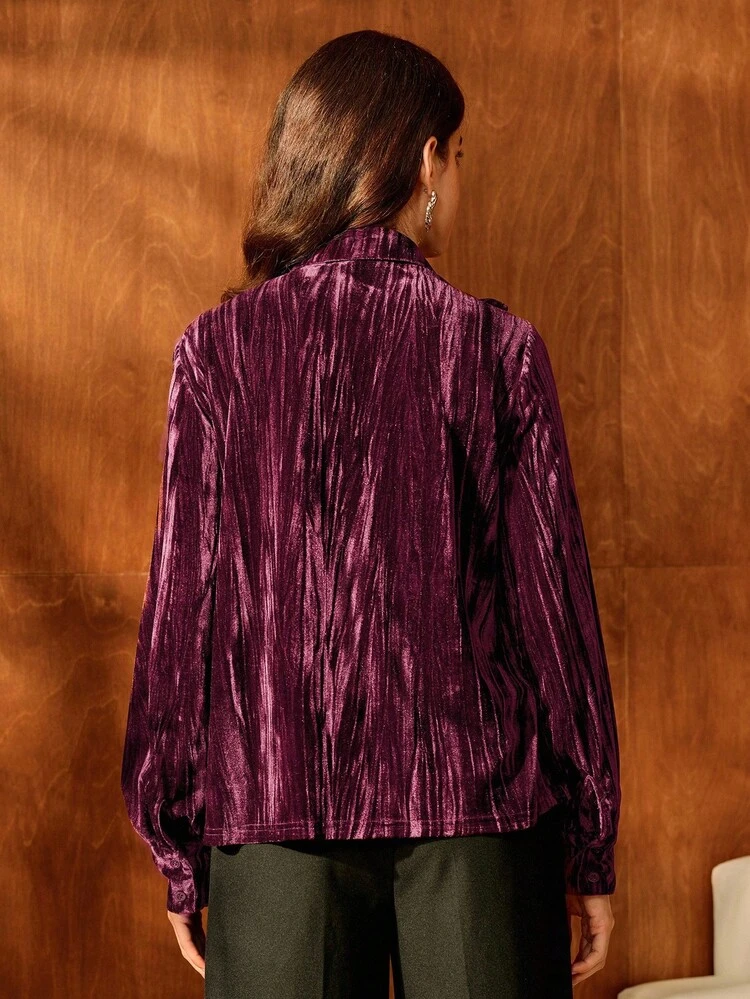 Elegant Floral 3D Embroidery Purple Long Sleeve Cardigan Velvet Blouse, Suitable For Fall/Winter, Christmas, New Year, Party, Elegant, Luxury, Formal, Chic