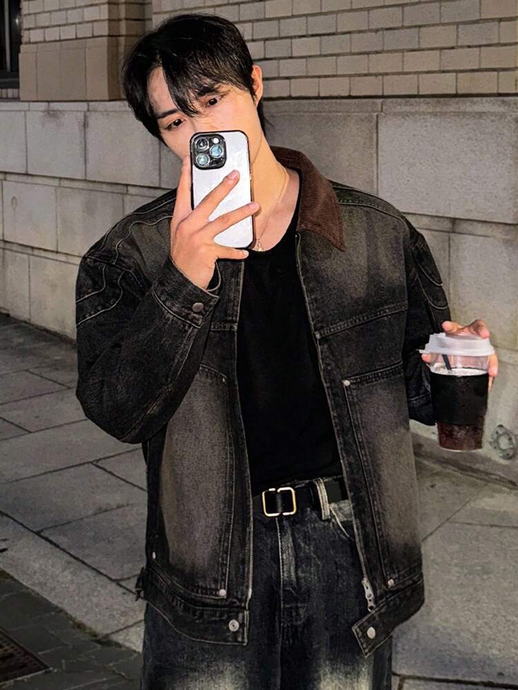 Men's Black Denim Jacket With Contrasting Collar, Autumn, Emo Style